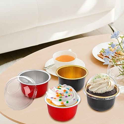 Miniatura 9 de Hacaroa 100 tazas de papel de aluminio para hornear con tapas de cúpula, forros desechables para cupcakes de 6 onzas, recipientes reutilizables para