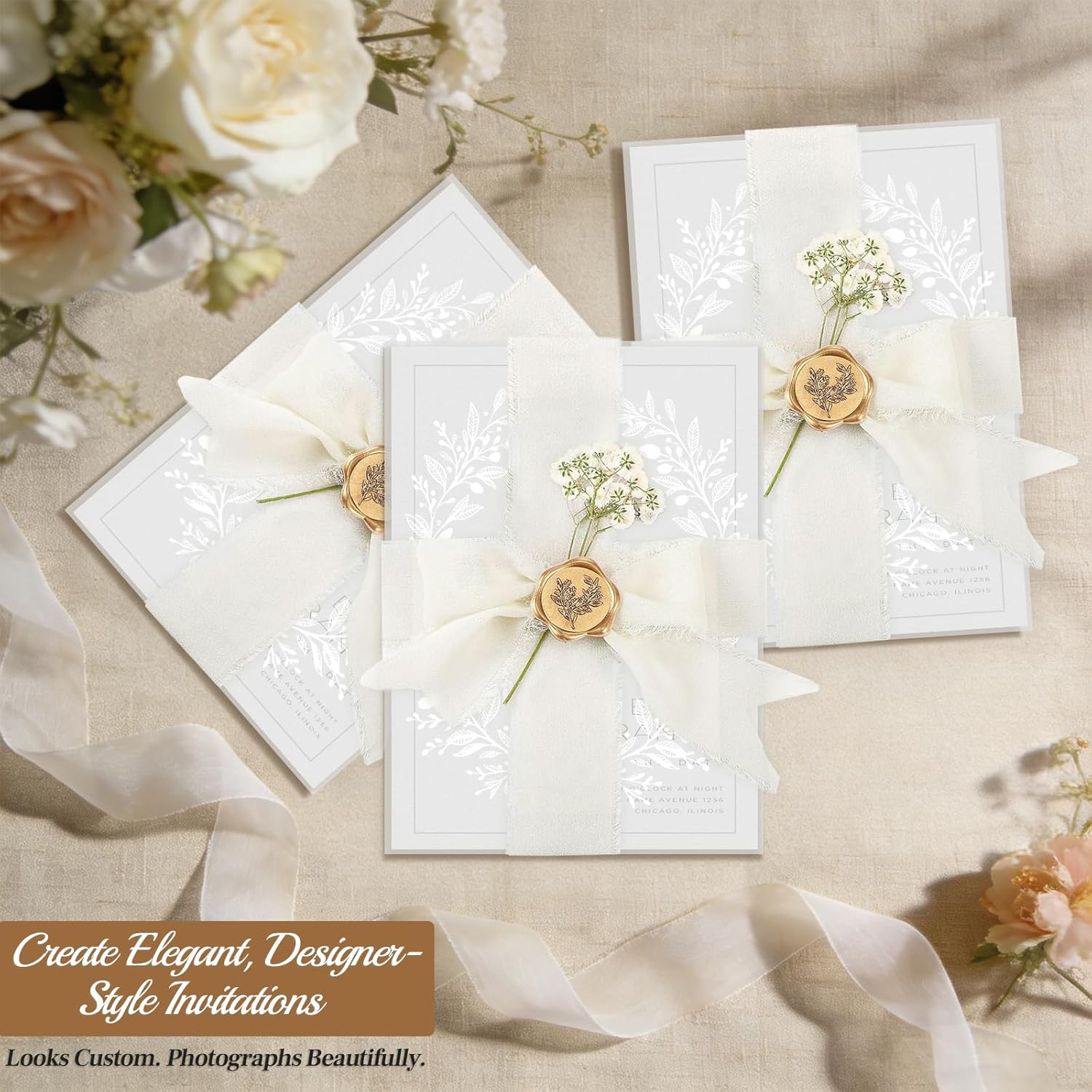 50 Set Wedding Invitation Kit, Pre-Folded Vellum Jackets for 5x7 Invitations, DIY Invitation Accessories Kit with Chiffon Ribbons, Dried Flowers & Gold Wax Seal Stickers – Leaf Wreath