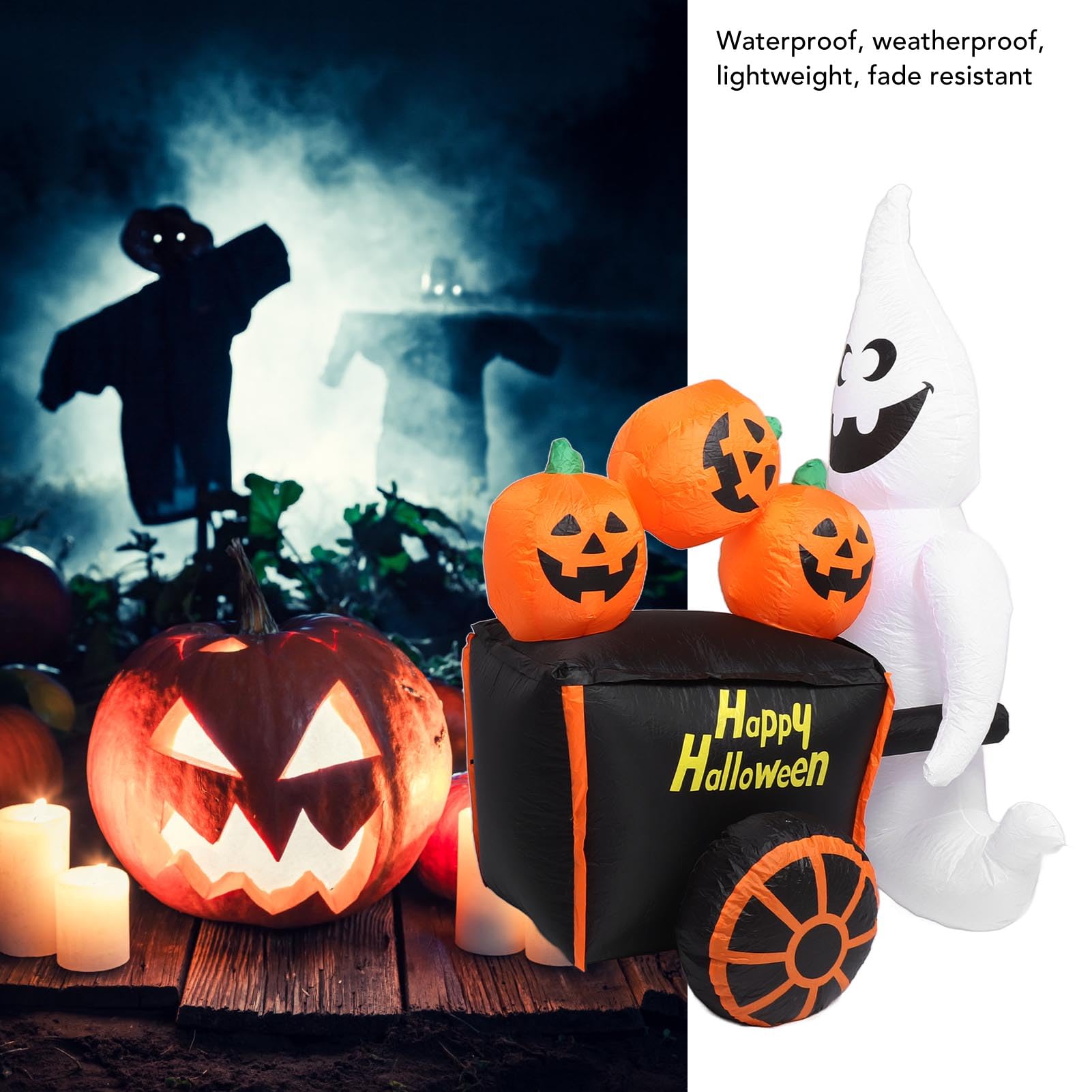 Halloweenowy Nadmuchiwany Wózek z Dyniami o Wysokości 6 Stóp i Wbudowanym światłem LED. Dmuchane Dmuchane Zabawki na imprezę z Okazji Halloween. Dekoracje na Trawniku (Wtyczka UE