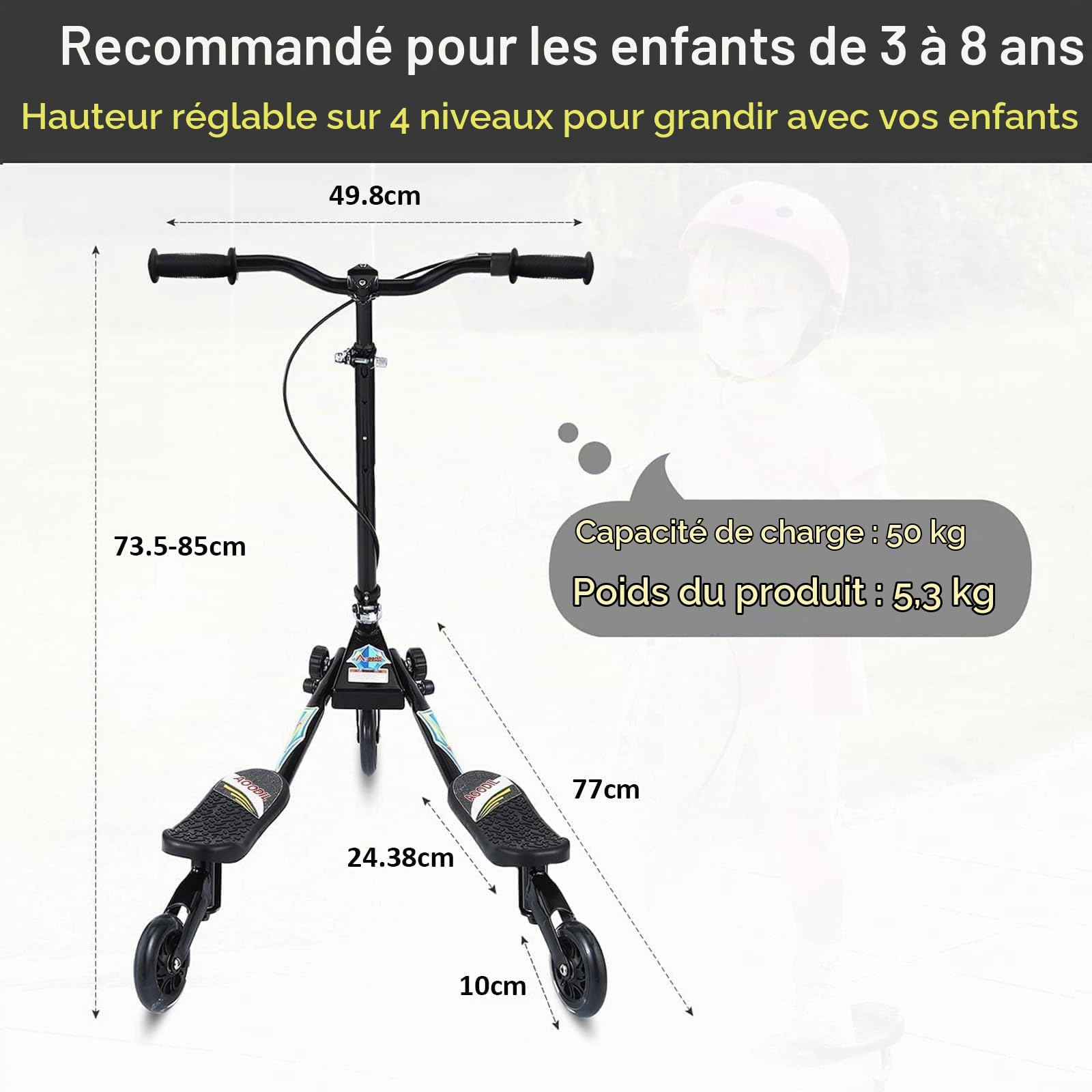 Trottinette Swing pour Enfants, Trottinette Pliable à 3 Roues avec Guidon Réglable à 4 Positions et 2 Roues Arrière à LED pour Garçons et Filles âgés de 3 à 8 Ans