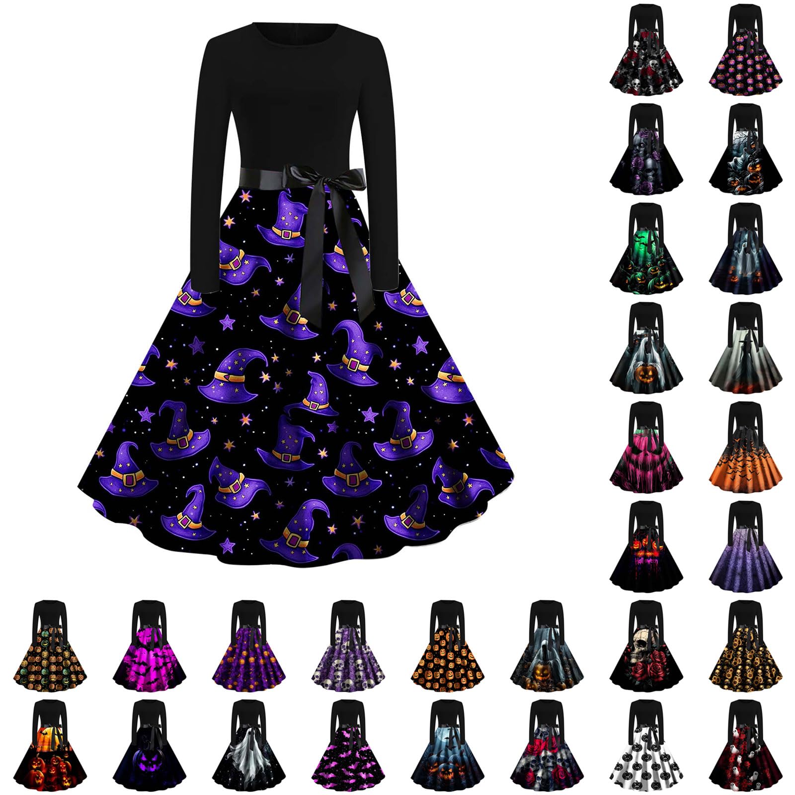 HAOLEI Halloween Costumes Adult Women, Ladies Halloween Dress Retro Pumpkin Skeleton Print Long Sleeve A Line Swing Dress Black Vintage Skull Witch Rockabilly Party Cocktail Novelty Dresses