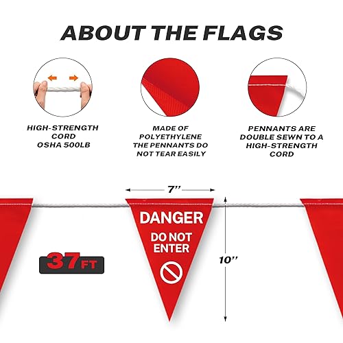 Miniatura 7 de Bandera impresa innovadora con texto en inglés "Danger Do Not Enter", 37 pies de longitud, con certificación OSHA