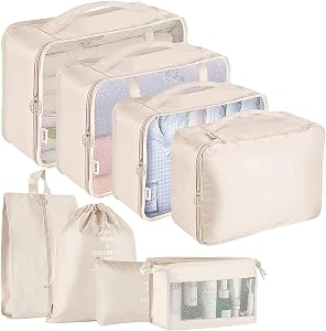 8 Set Packing Cubes - Waterproof Mesh Travel Luggage Packing Organizer with Shoes Bag(Beige)