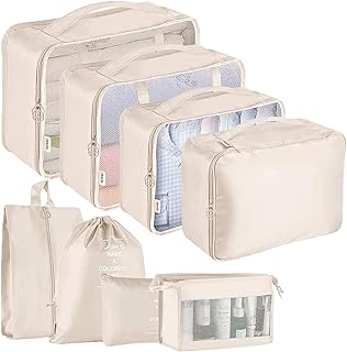 Voniry 8 Set Packing Cubes - Waterproof Mesh Travel Luggage Packing Organizer with Shoes Bag(Beige)