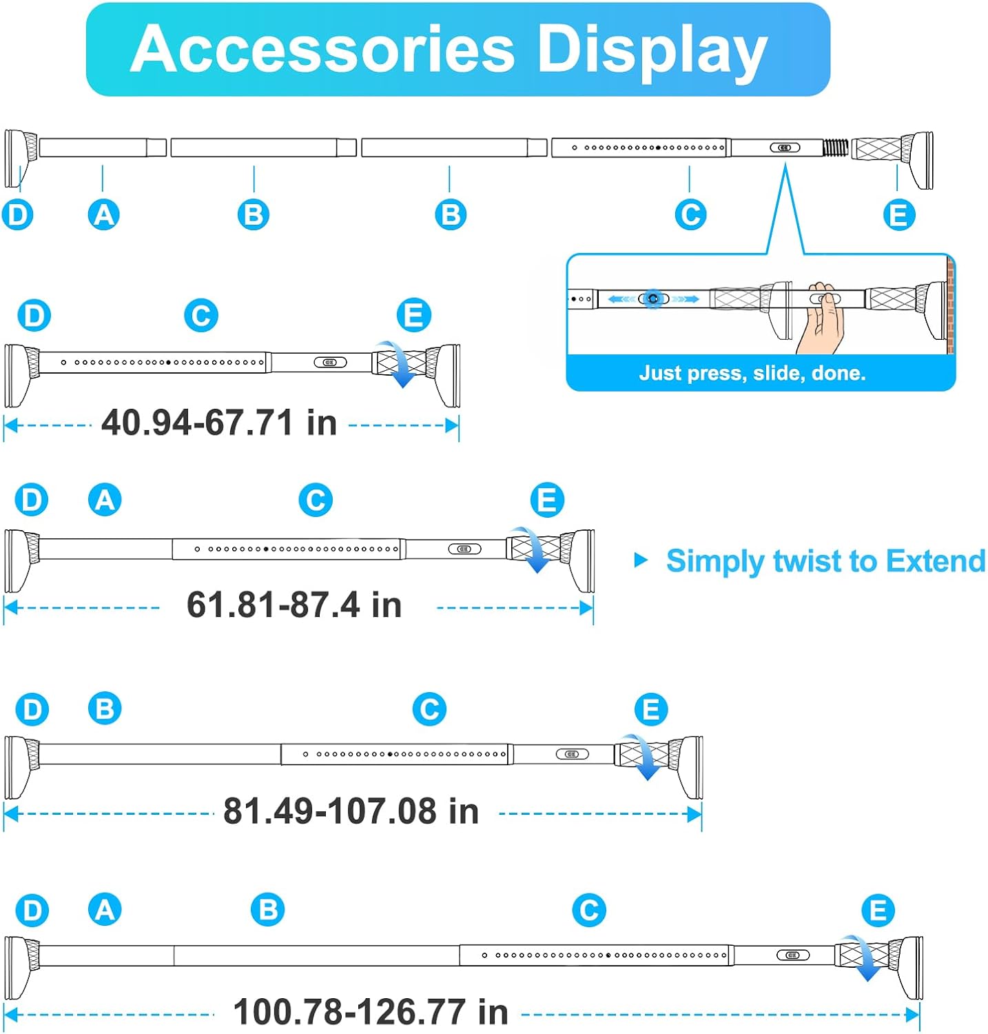 Closet Rods For Hanging Clothes,40-126 In(3-10ft) Extra Long Tension Rod For Closet,Adjustable Rod Without Drilling 33lb Heavy Duty Closet Rods Diameter 1.26in-One-Bond Stretching,White