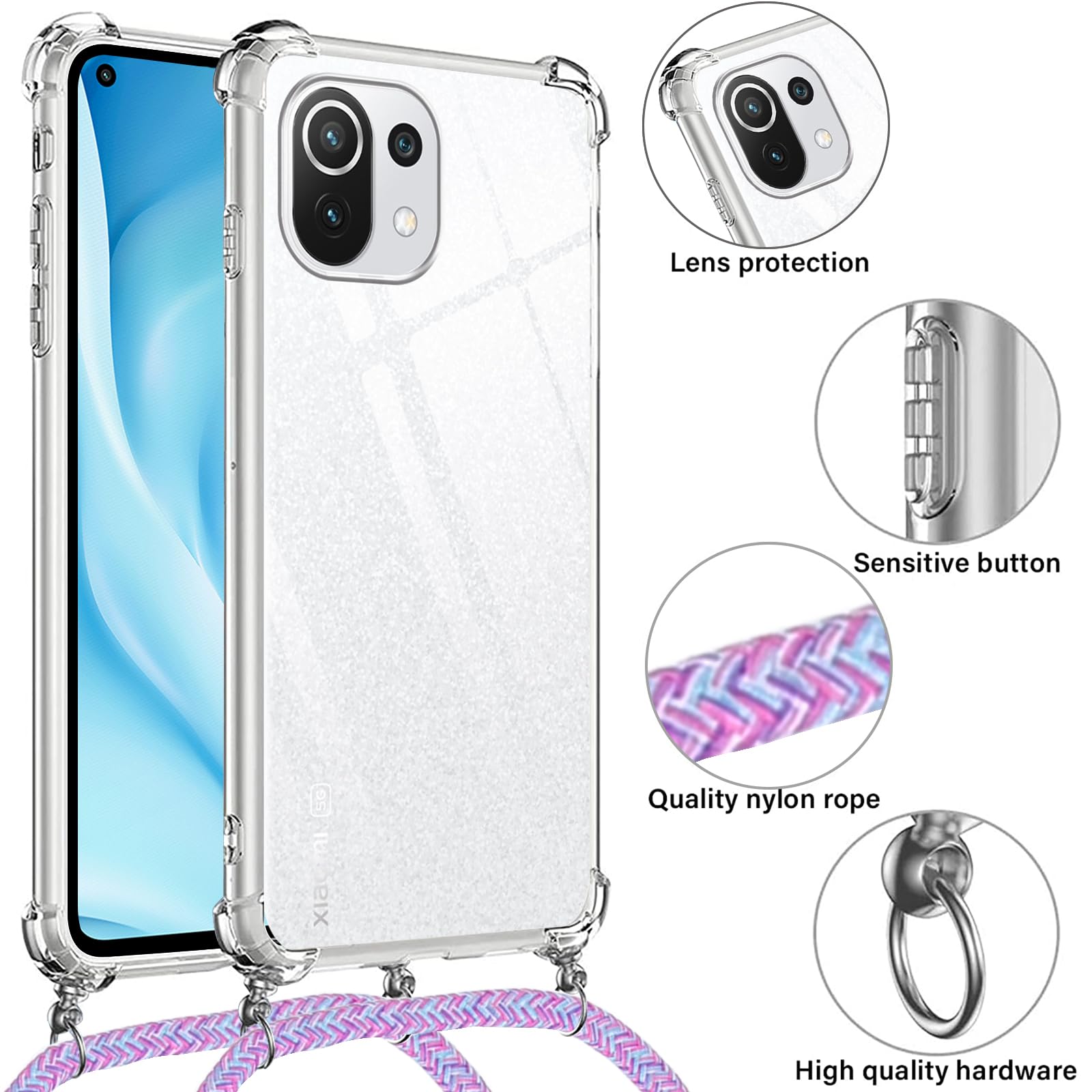 Coque Avec Collier Pour Xiaomi 11 Lite - Transparente Rose, TPU + PC Avec Cordon Réglable