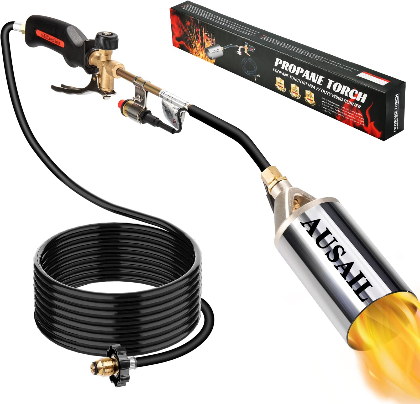 Propane Torch Weed Burner Blow Torch Heavy Duty High Output 1800,000 BTU Flamethrower Turbo Trigger Push Button Igniter 10 Feet Hose for Roof Asphalt, Ice Snow, Road Marking, Charcoal