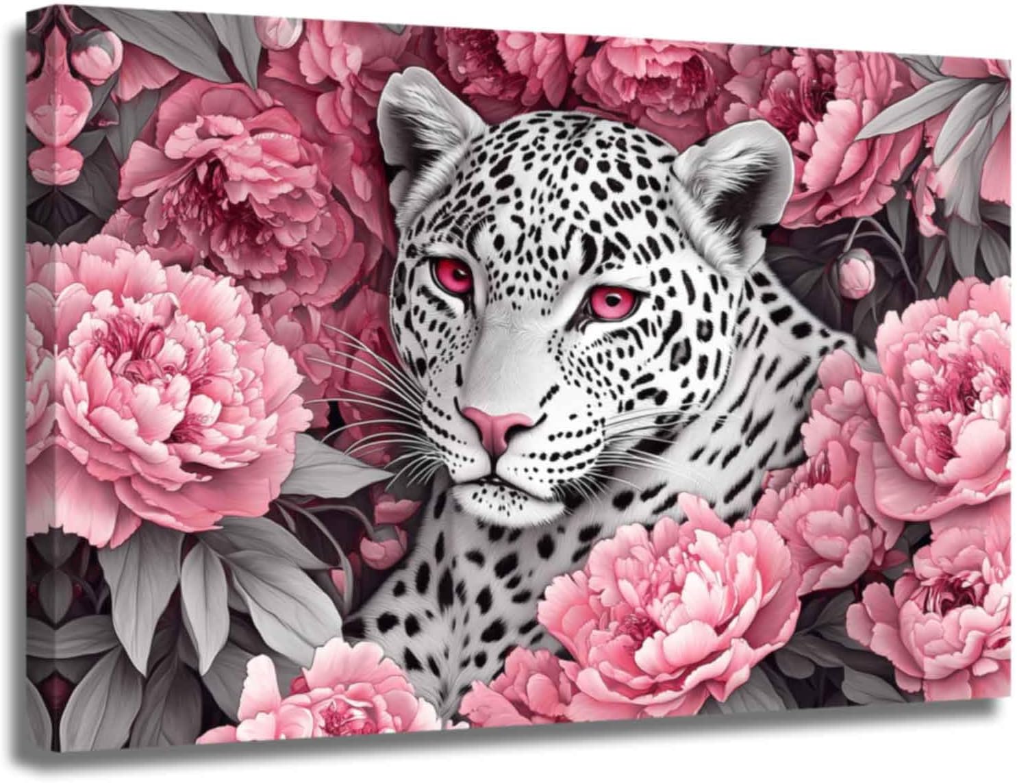 ZSHARTSWD Leopard Canvas Wall Art Cheetah and Peony Floral Picture Black and White Leopard Print African Wild Animals Painting for Bathroom Home Decor Framed (Pink, 24L x 16W)