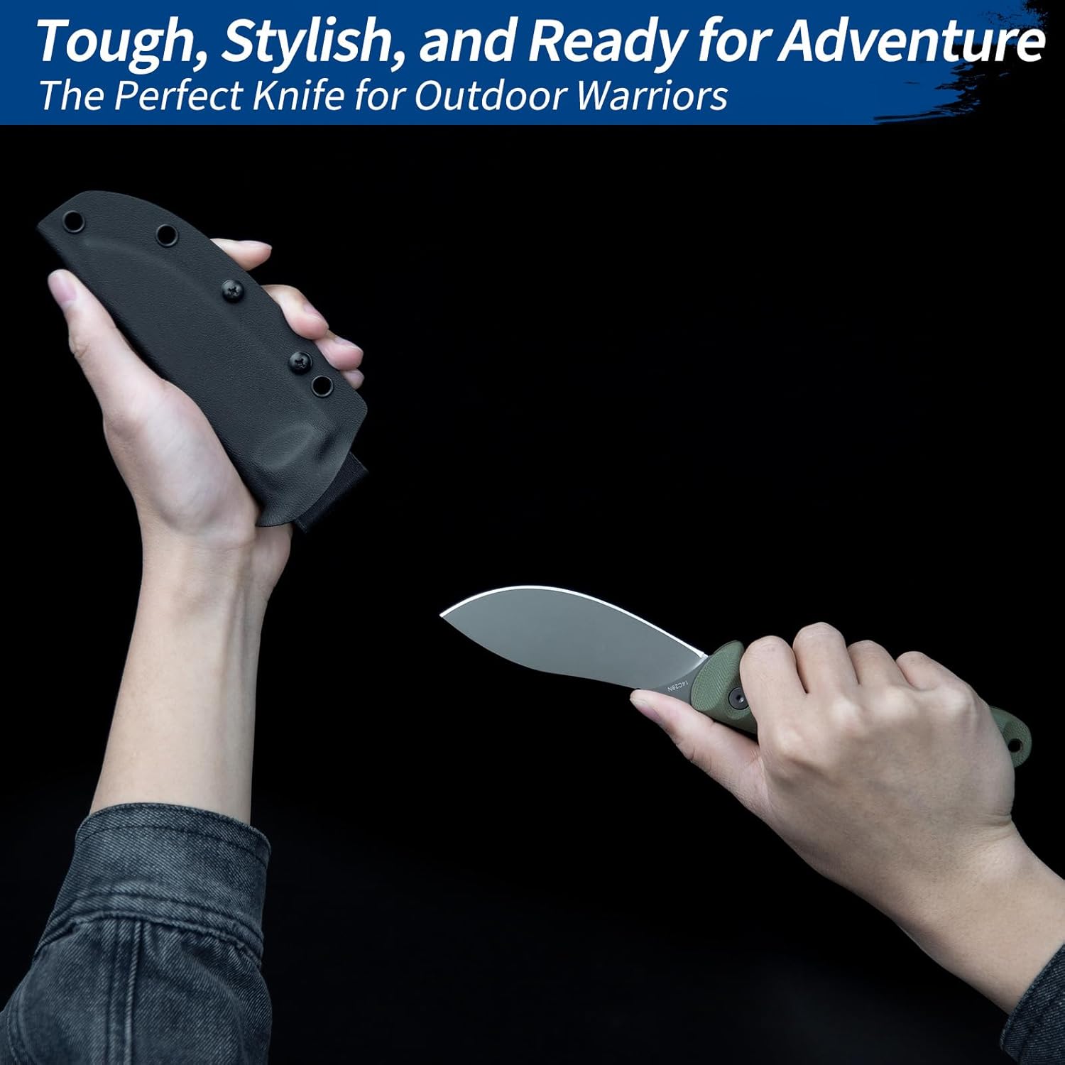 FINTISO Nazar Fixed Blade Knife with Kydex Sheath, 4.24" 14C28N Blade Olive G10 Handles, Titanium-coated, Full Tang Design, Lanyard, for Men Outdoor Activities, Camping, Hiking, EDC Carry.