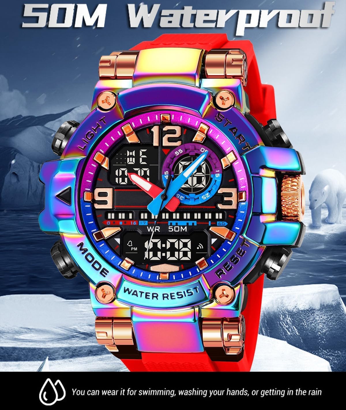 Reloj deportivo impermeable para hombre, colorido, digital, analógico, militar, táctico, para exteriores, esfera grande, reloj de pulsera único con cronómetro LED, alarma de cuenta regresiva y hora