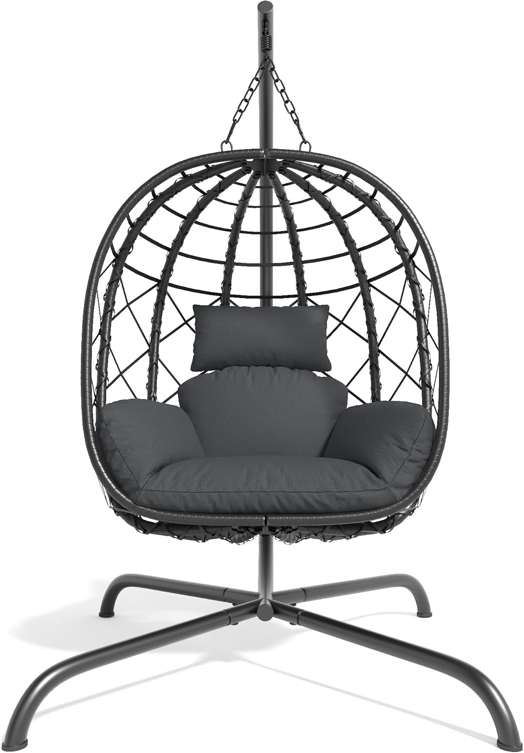 Foldable Hanging Egg Chair with Stand - Wicker Swing Hammock Chair with Cushion - for Patio Porch Balcony Weight Capacity 350lbs (Dark Gray)