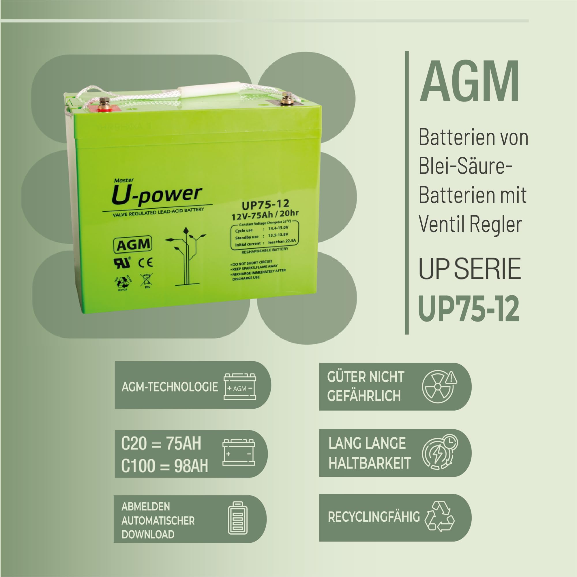 U-Power Batterie au Plomb Rechargeable AGM scellée 12 V 75 Ah Utilisation générale comme alarmes, UPS/SAI, sécurité, Jouets, etc. Borne à vis métrique M6
