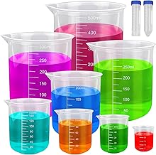 10 Plastic Measuring Cups 25/50/100/150/200/250/300/500ml Transparent Graduated Container with 2 Centrifuge Tubes for Kitchen and Laboratory Measuring Cup
