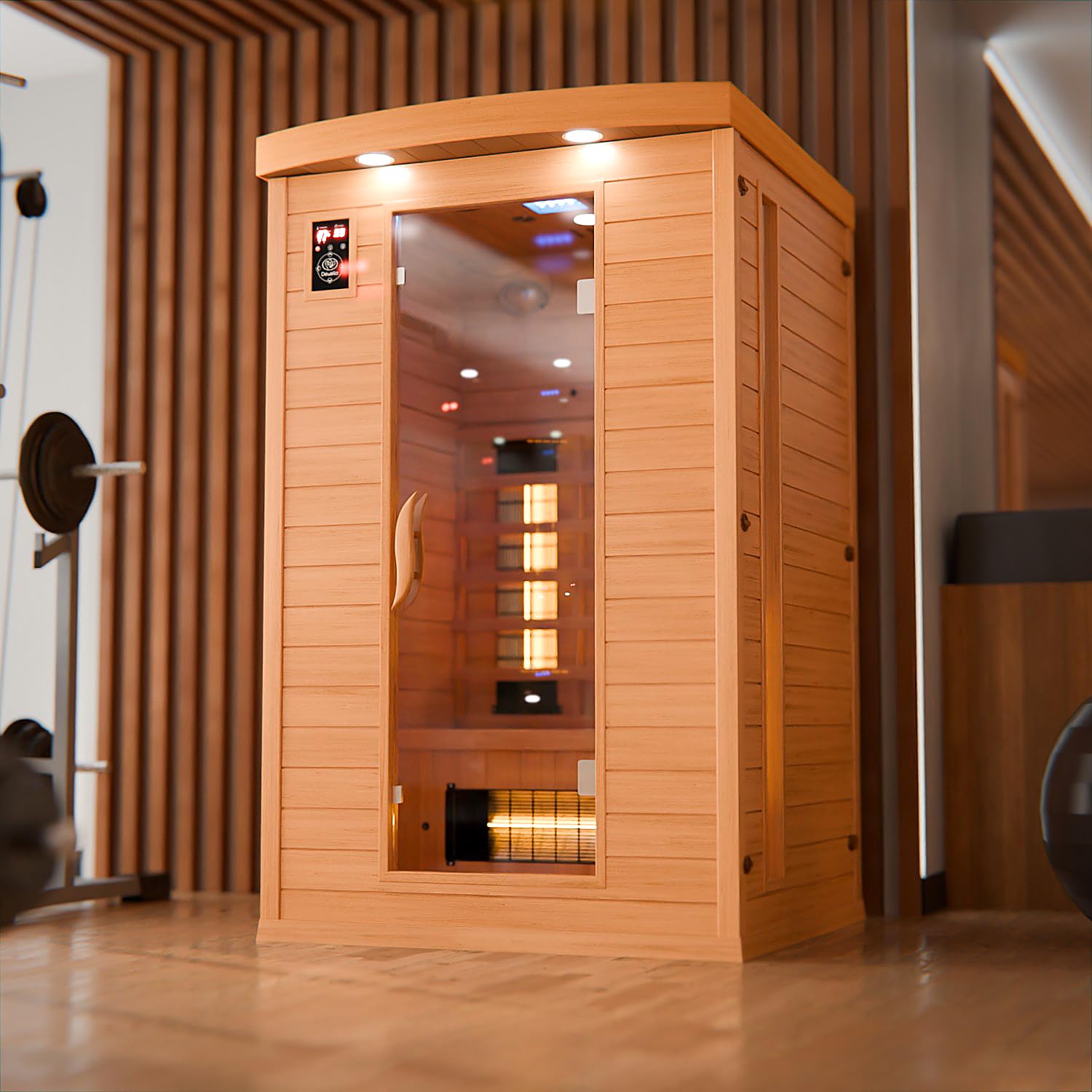 Dewello® Infrarotkabine Infrarotsauna Hyder 115x105 für 1-2 Personen aus Hemlock Holz mit Vollspektrumstrahler, LED-Farblicht, Bluetooth, FM,MP3,USB
