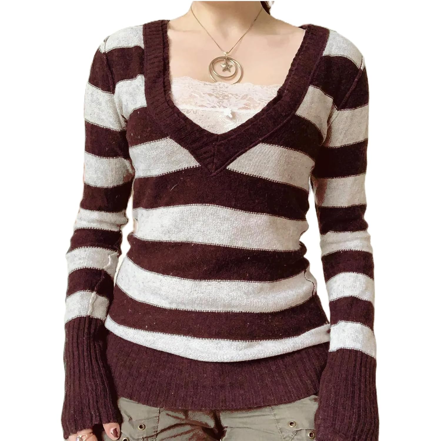 Franhais Womens Y2k Striped Knit Sweater Long Sleeve V Neck Grunge Slim Fit Pullover Top Vintage Harajuku Color