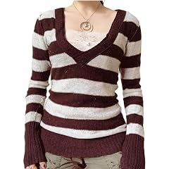 Franhais Womens Y2k Striped Knit Sweater Long Sleeve V Neck Grunge Slim Fit Pullover Top Vintage Harajuku Color