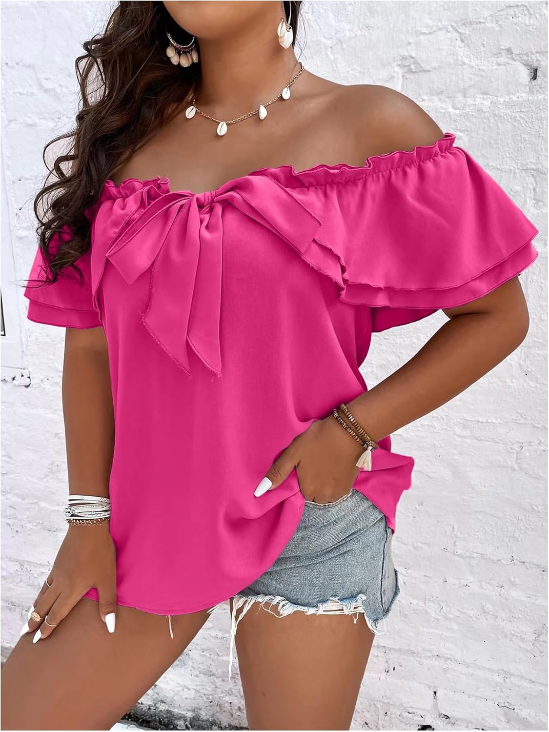MakeMeChic Women's Plus Size Off Shoulder Top Tie Front Layered Ruffle Short Sleeve Blouse Top - Image 2