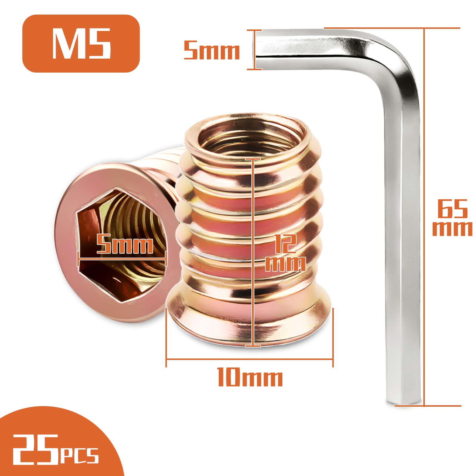 Boccole Filettate per Legno M5x12 mm Inserti Filettati per Legno Zinco Dado Esagonale Inserti 25 Pezzi Dadi Inserto Filettato per Mobili Scaffali Banchi da Lavoro Mobili da Giardino