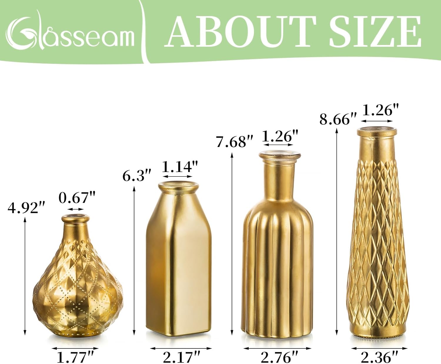 Glasseam Gold Vase for Flowers: Small Glass Vases for Living Room Kitchen Table Centerpieces, 4 Aesthetic Decorative Golden Modern Home Decor for Floral,Gold