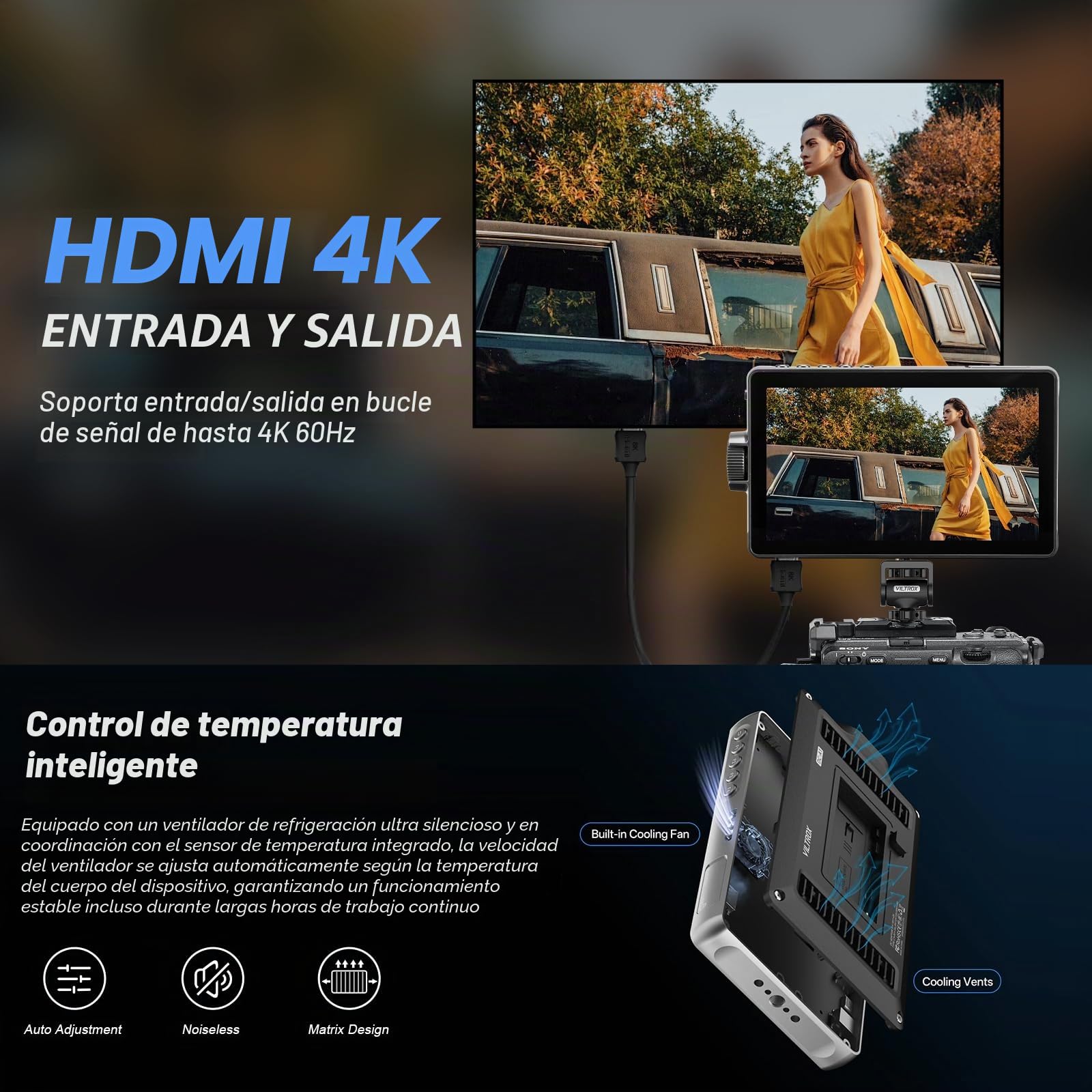 VILTROX DC-A1 Monitor de Campo de La Cámara de Pantalla Táctil,Externa Camera Monitor 2800Nits de Alto Brillo de 7 Pulgadas 1920x1080 3D LUT con Ventilador,Batería,Parasol para Sony Canon Nikon Fuji