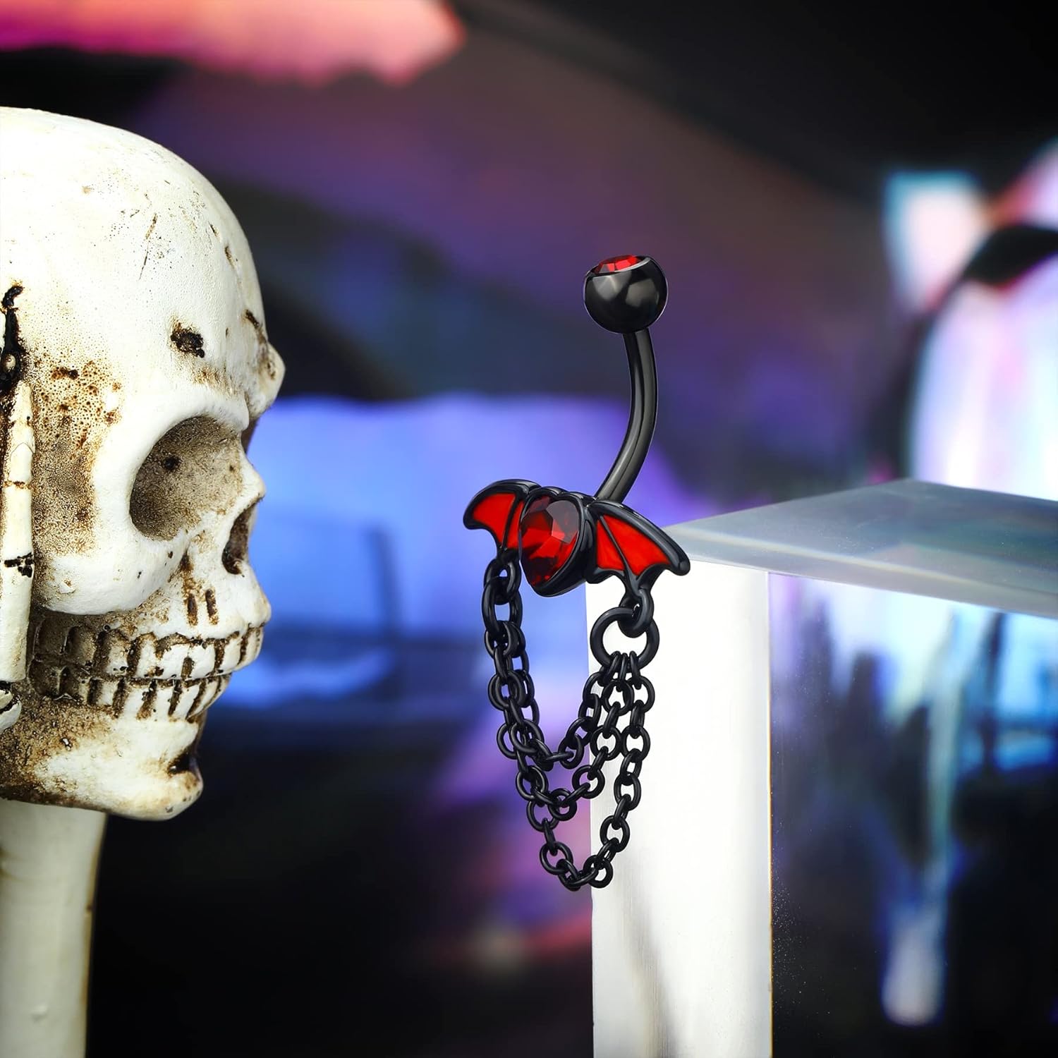 CM Crareesi Mania Bat Belly Button Ring 316L Surgical Steel Dangle Chain Belly Rings 14G Black Belly Piercing Jewelry for Halloween Heart CZ Belly Button Rings - Image 3