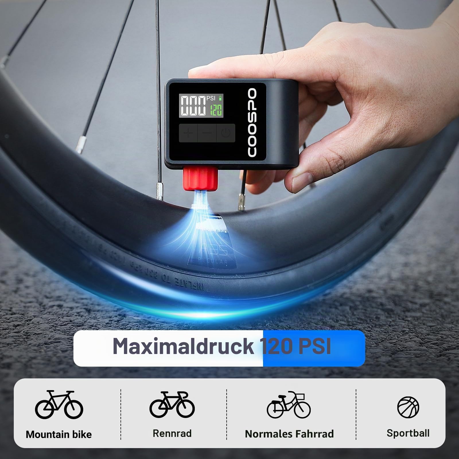 CooSpo Mini Fahrradpumpe, 120 PSI Elektrische Fahrradluftpumpe, Tragbare Fahrradpumpe mit Presta- und Schrader-Ventil für Rennrad, Mountainbikes, Stadträder und E-Bikes