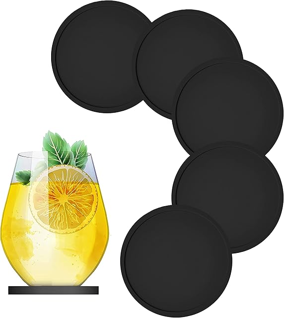 MALANGI Drink 6Pcs Coasters Cup Pad Mat Round Silicone Rubber Mug Coaster Non Slip for Coffee Beer Mug Wine Glass Bottle Home and Bar (Black)