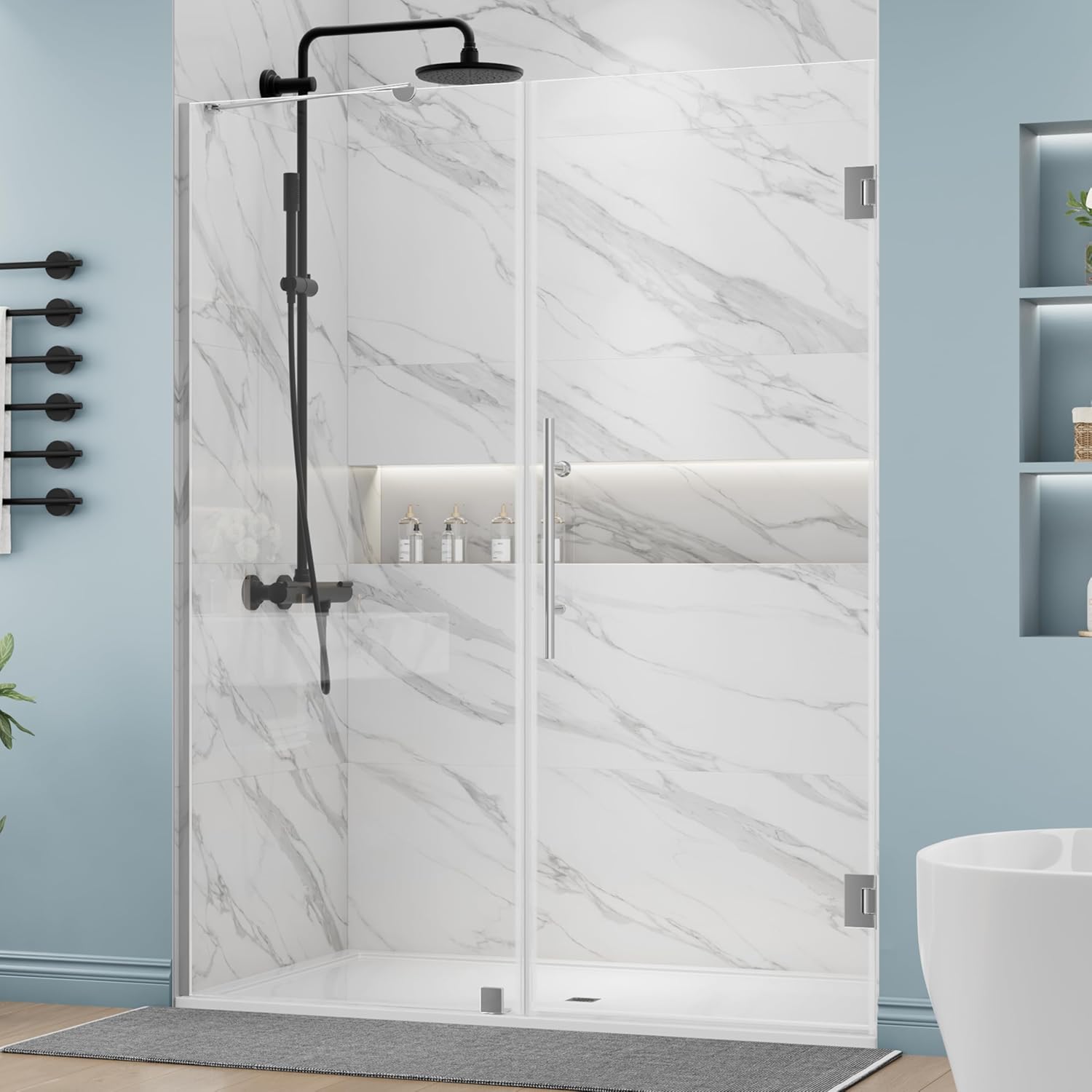 DELAVIN 58" W x 72" H Frameless Hinged Shower Door, Glass Shower Door with Stainless Steel Hardwares, Hinged Swing Shower Door Magnetic Closing, Bathroom Swing Shower Doors Easy to Clean, Sliver