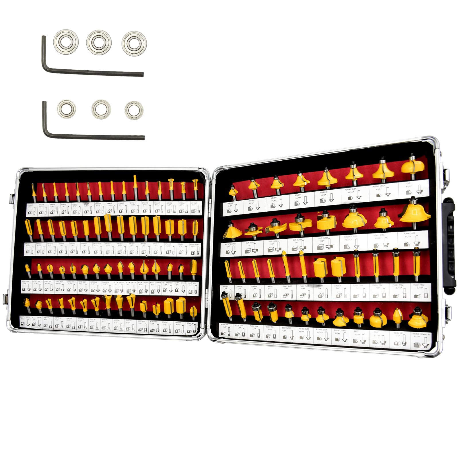 CHCYWJGJ 100 pcs 1/4" Shank Router Bit Set and 6PC Bearings with Aluminum Storage Case Tungsten Carbide Router Bits Set Dovetails, Slot Cutters ,