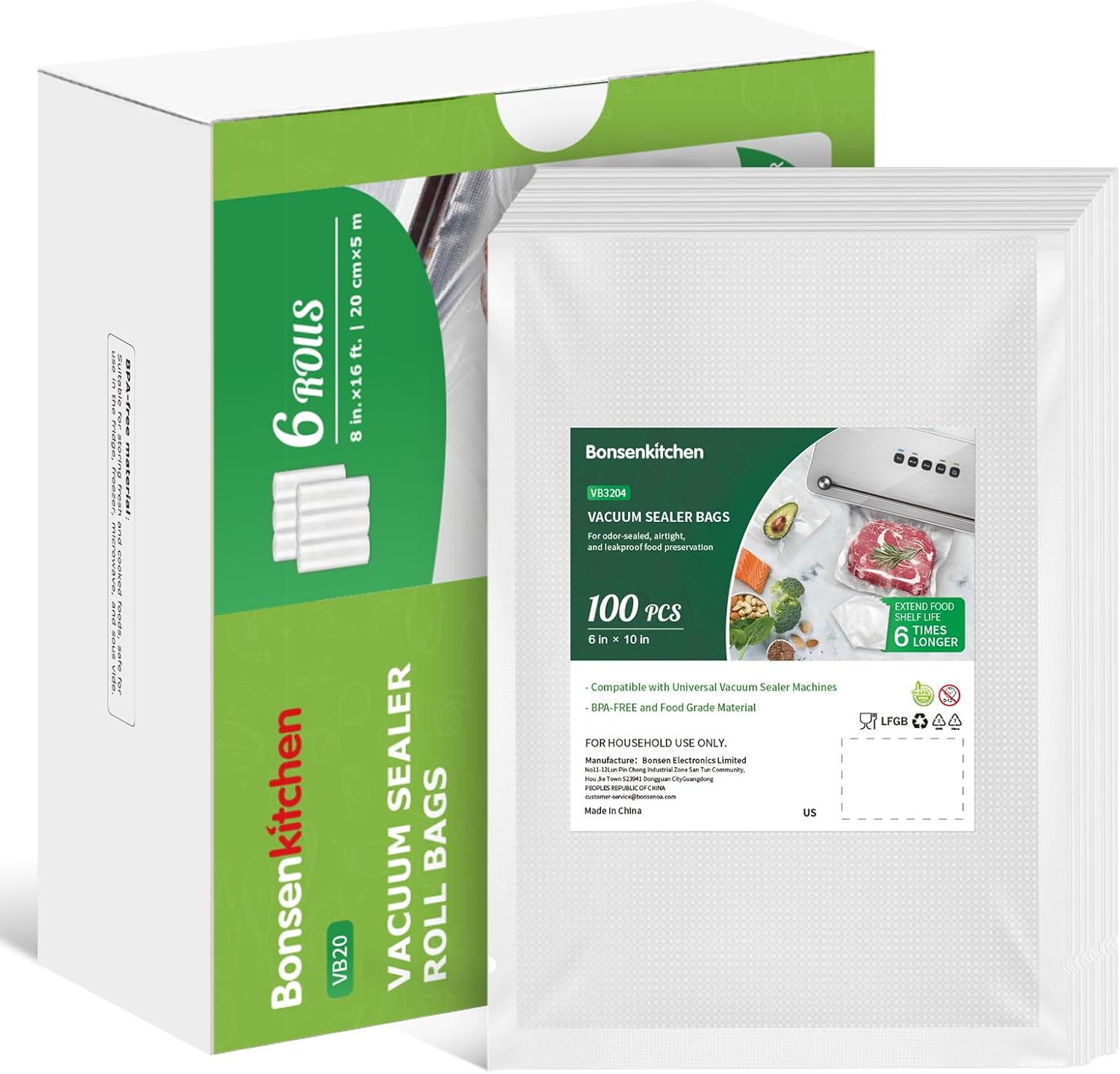 Bonsenkitchen Vacuum Food Sealer Bags 100 Pint 6" x 10"， 6 Pack 8in*16ft Commercial Grade BPA Free Bag Rolls