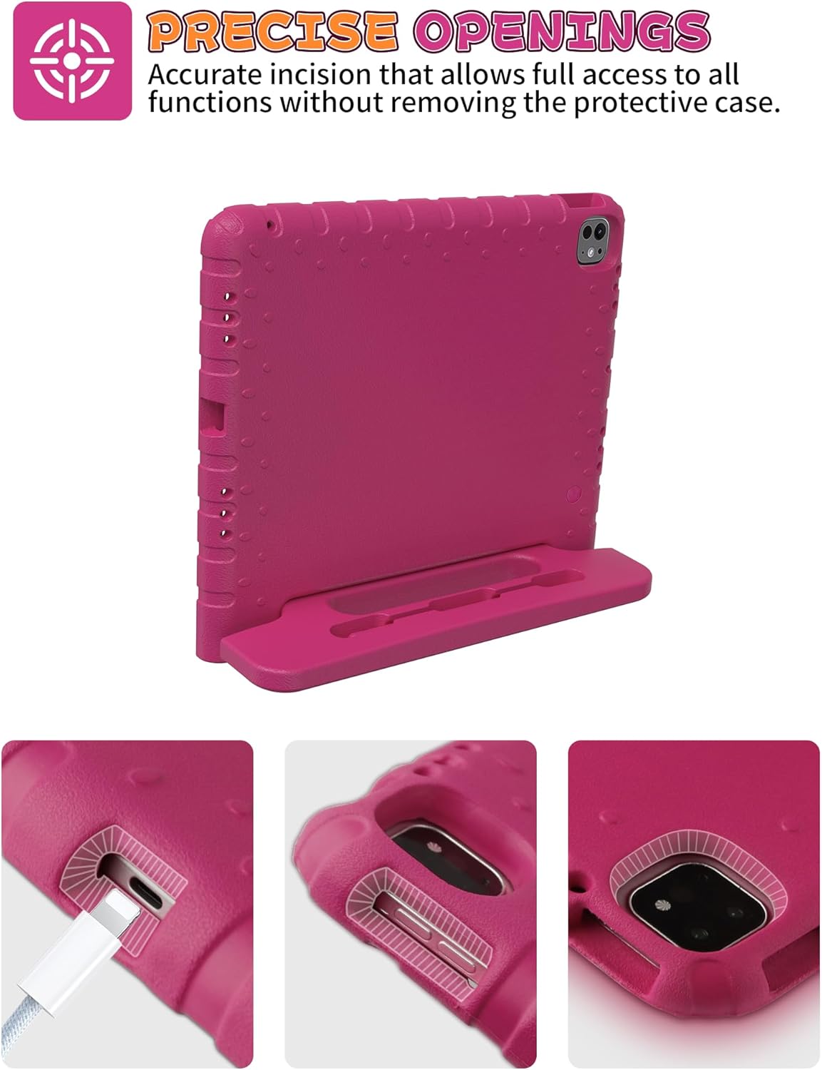 for iPad Pro 13 inch Case 2024 with Pencil Holder and Anti-Slip Hand Stand, Super Protection Rugged EVA Shockproof Kids Cover Compatible with iPad Pro 13-inch (M4)-Rose Red