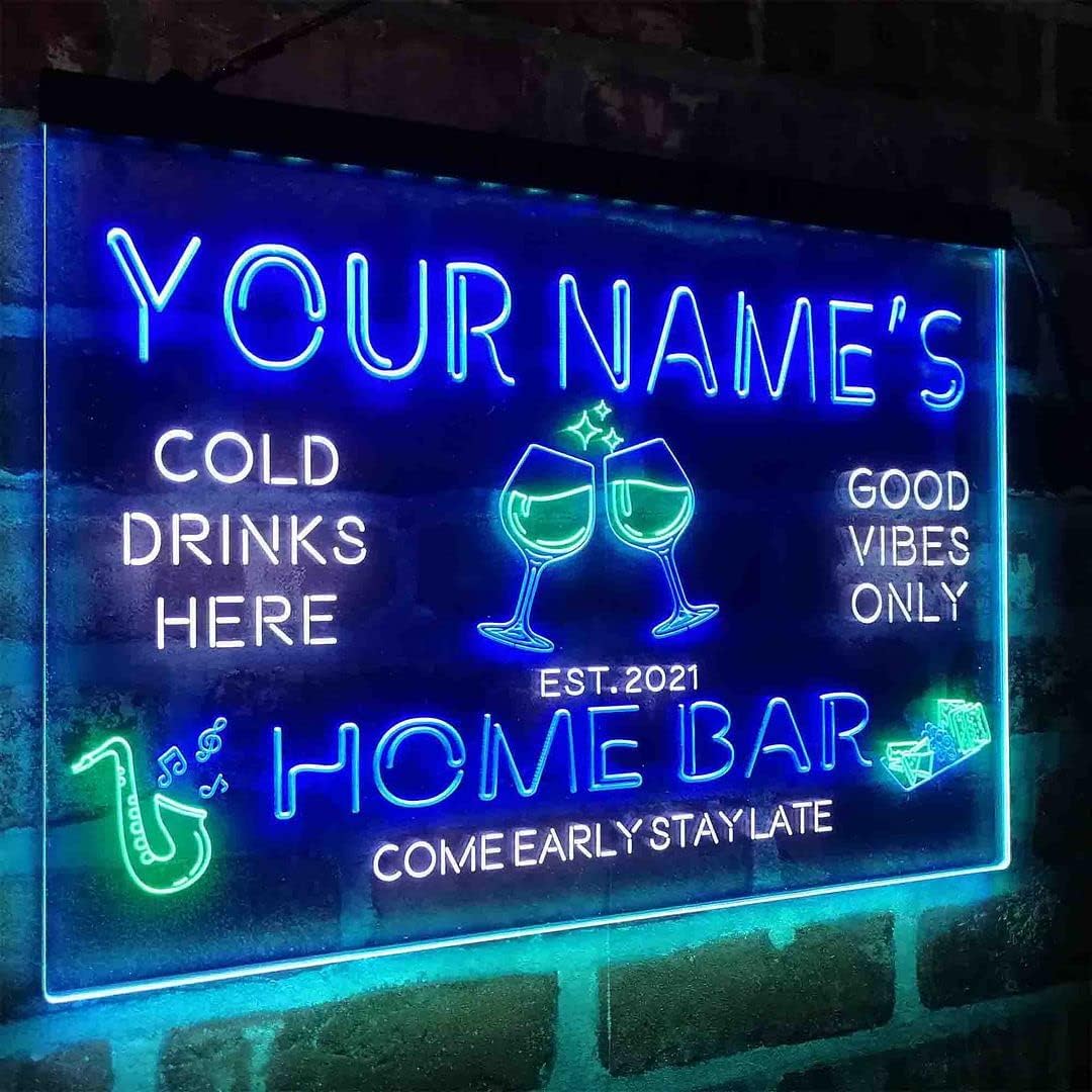 Personalized Red Wine Glass Home Bar Tri-Color LED Neon Light Sign Customize Name Date Text Quote Font White & Green & Blue 13 x 8.7 Inches st9s32-p3-tm-wgb