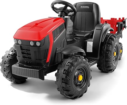 ELEMARA 24V 9AH Ride on Tractor with Easy Detachable Trailer, All-Terrain Capability, 400W Electric Vehicles,Ride on car for Big Kid,3-Point Seat Belt for Ages 3+,Music,Max 4.5 mph, Bright Red