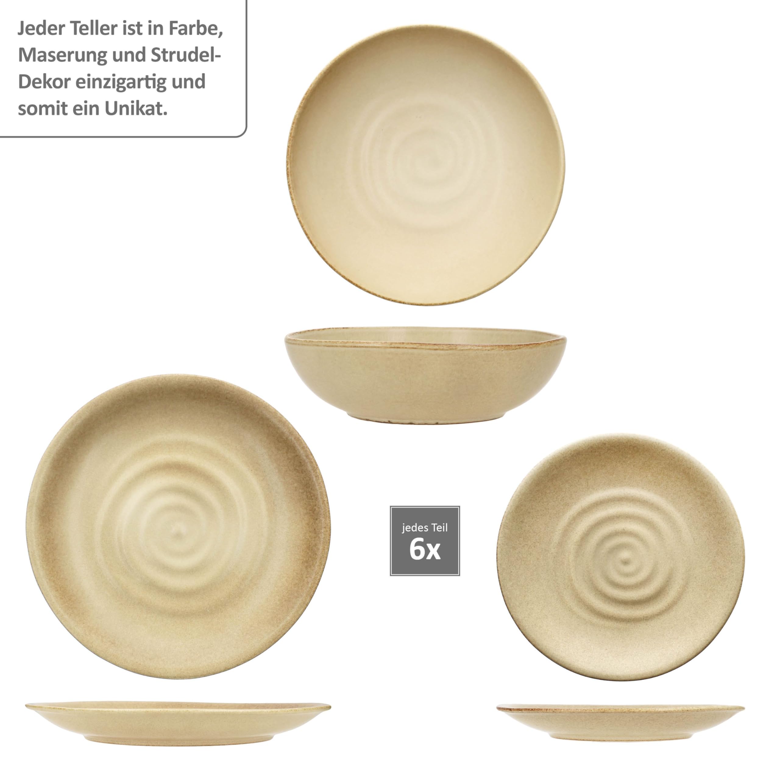 MamboCat Clay Beige 18-częściowy zestaw talerzy I naczynia z kamionki w kolorze beżowym, z dekoracją wirującą dla 6 osób, po 6 talerzy obiadowych, talerzy do zupy 420 ml i talerze do ciasta