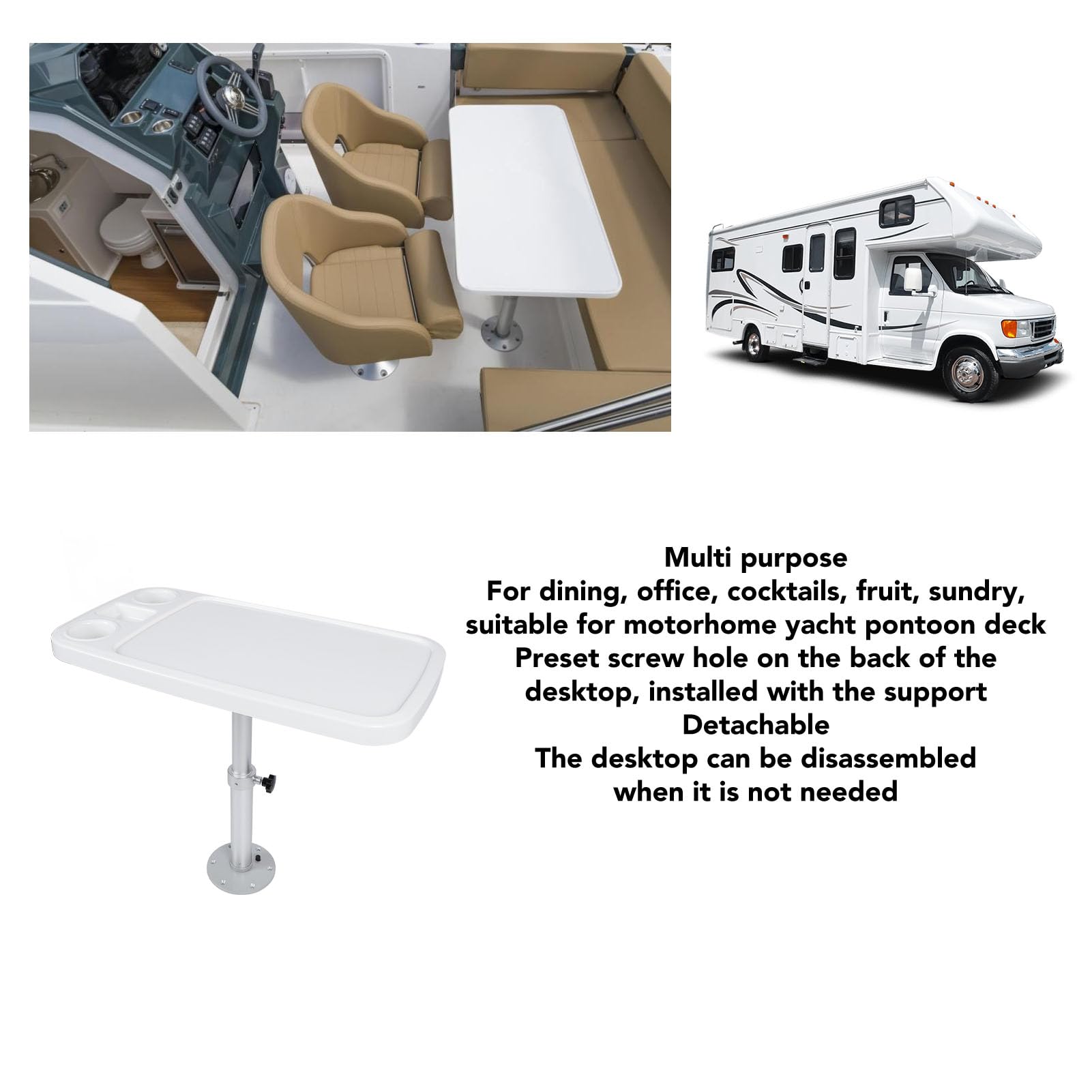 Tavolo per Camper 460-700 Mm Tavolo per Barca Rimovibile in Altezza Regolabile e Set di Base con 2 Portabicchieri Set Tavolo per Barca Rimovibile per Ponte di Pontone per Yacht