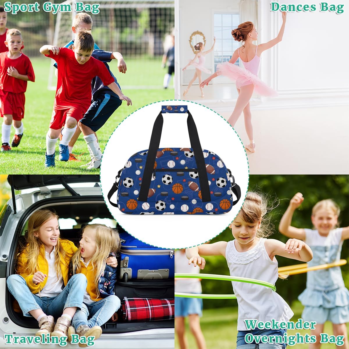 Kids Overnight Duffel Bag Boys - Sport Gym Bag Travel Duffle Luggage Bag Water Resistant lightweight Carry On Weekender Tote for Practice Workout School Sleepover (Soccer Basketball Sports Ball)