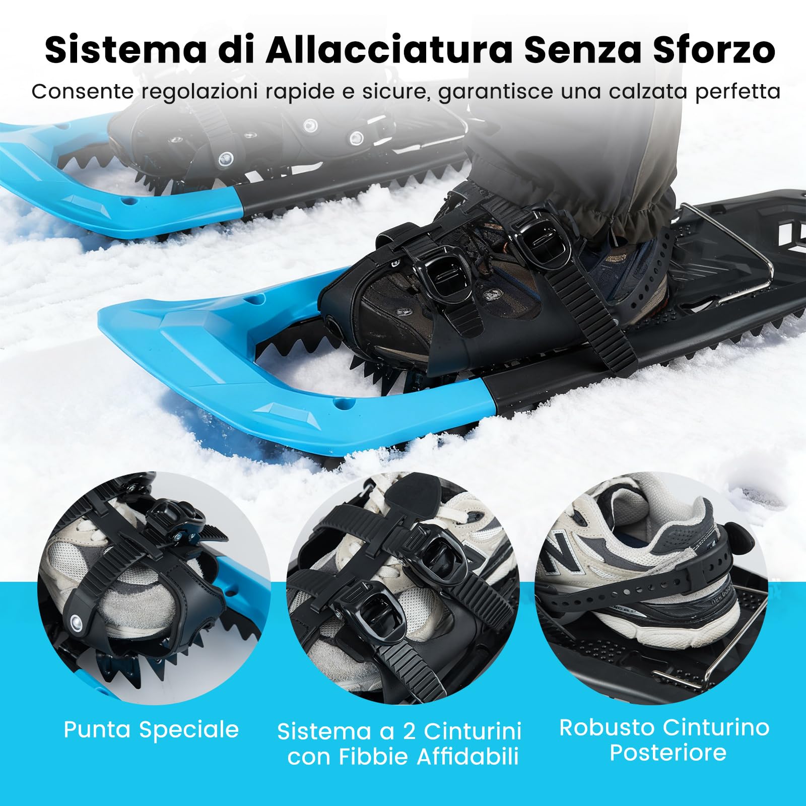 COSTWAY Set Racchette da Neve 35-45 per Uomo, Donna e Gioventù, Bastoncini da Trekking Telescopici 95-135 cm con Punte in Tungsteno, Dischi Neve e Dischi Fango, Ciaspole da Neve Leggere con Borsa