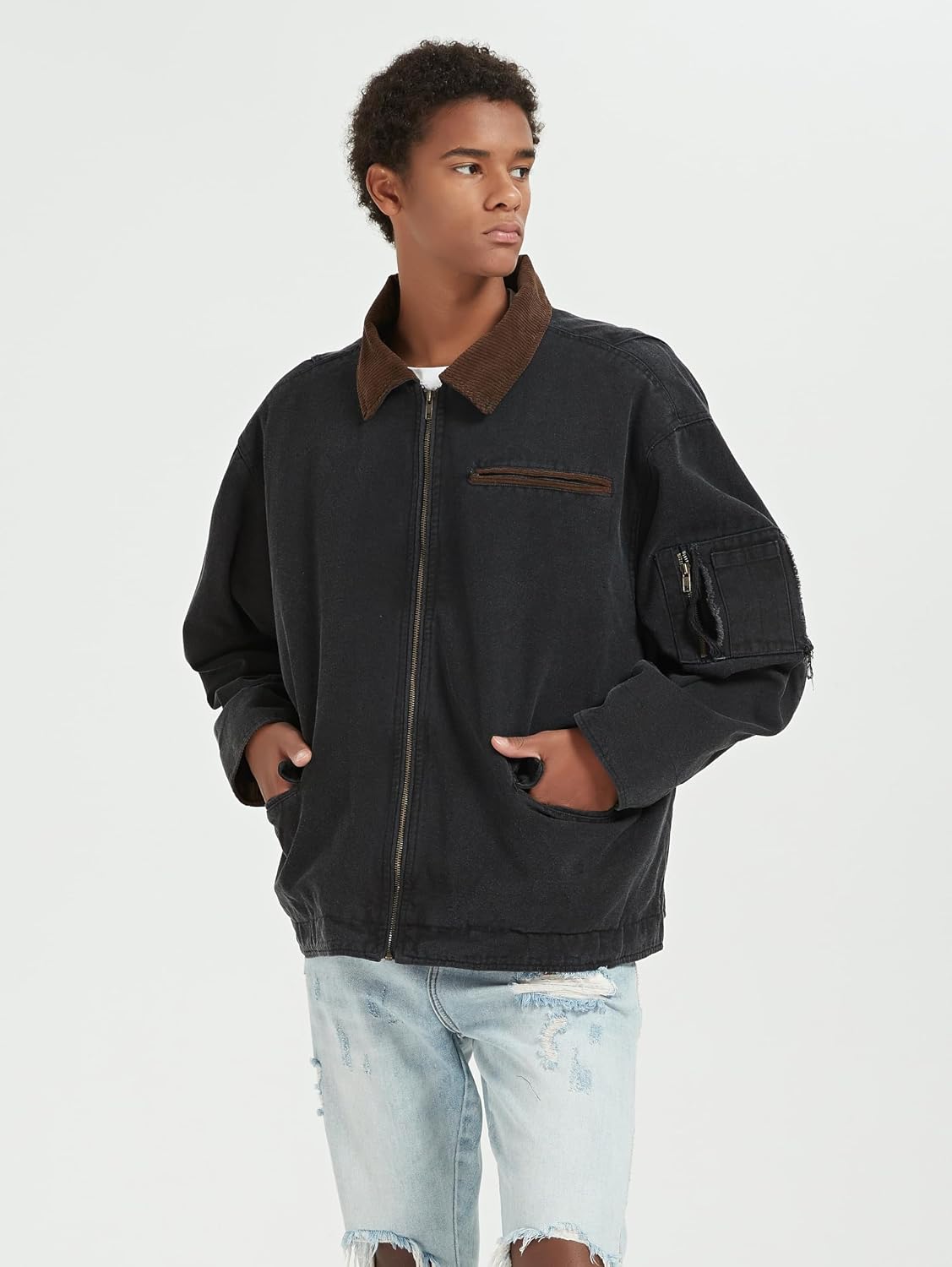 CLOAKA Bomber Jacket for Men Fall Spring Washed Streetwear Oversized Vintage Casual Stylish Cotton Lightweight with Zip Up