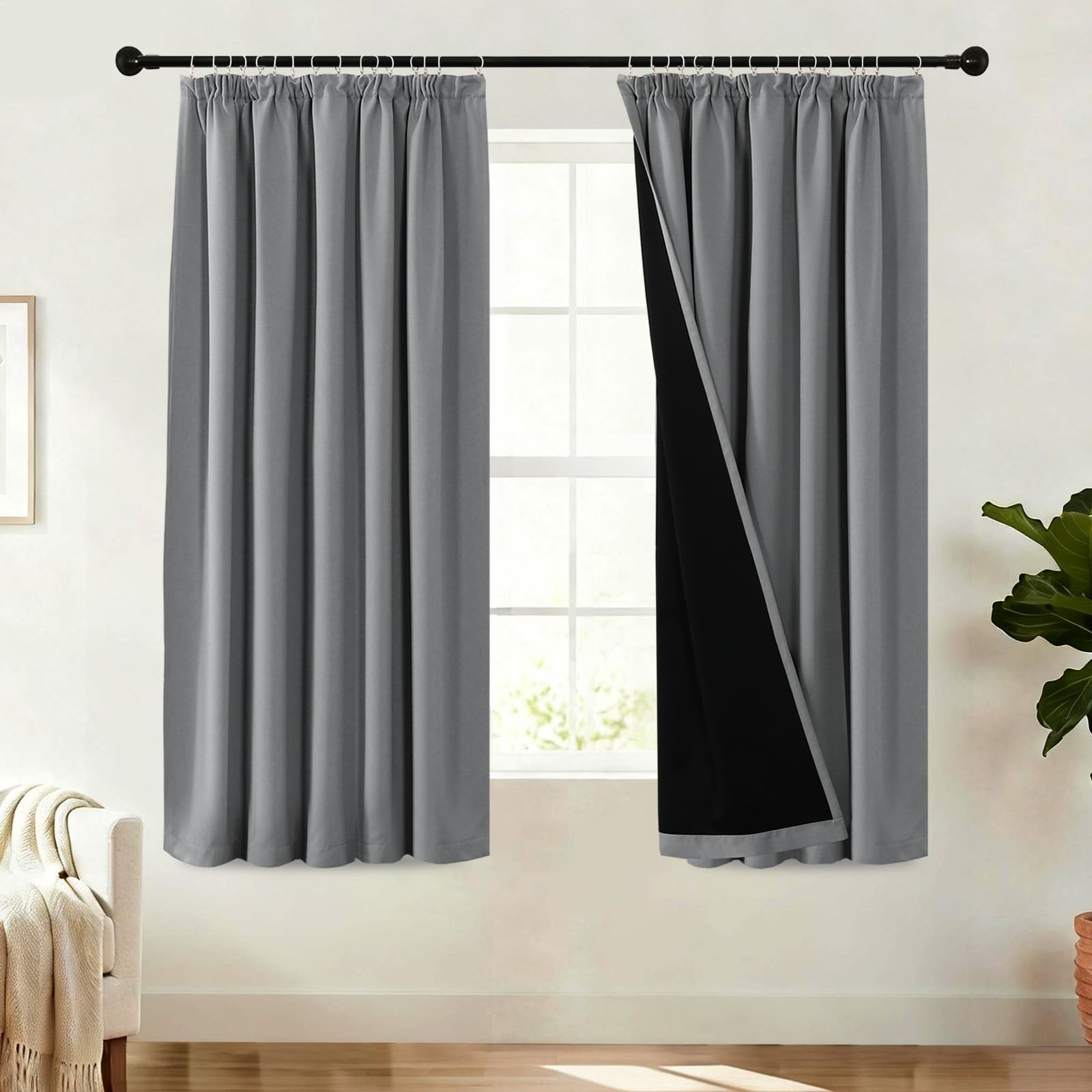 BellaHills 100% Blackout Curtains for Bedroom Thermal Insulated Curtains & Drapes for Living Room Short Window Curtain with Hooks Pencil Pleat Back Tab Rod Pocket 2 Panels, W46 X L54, Dove Grey