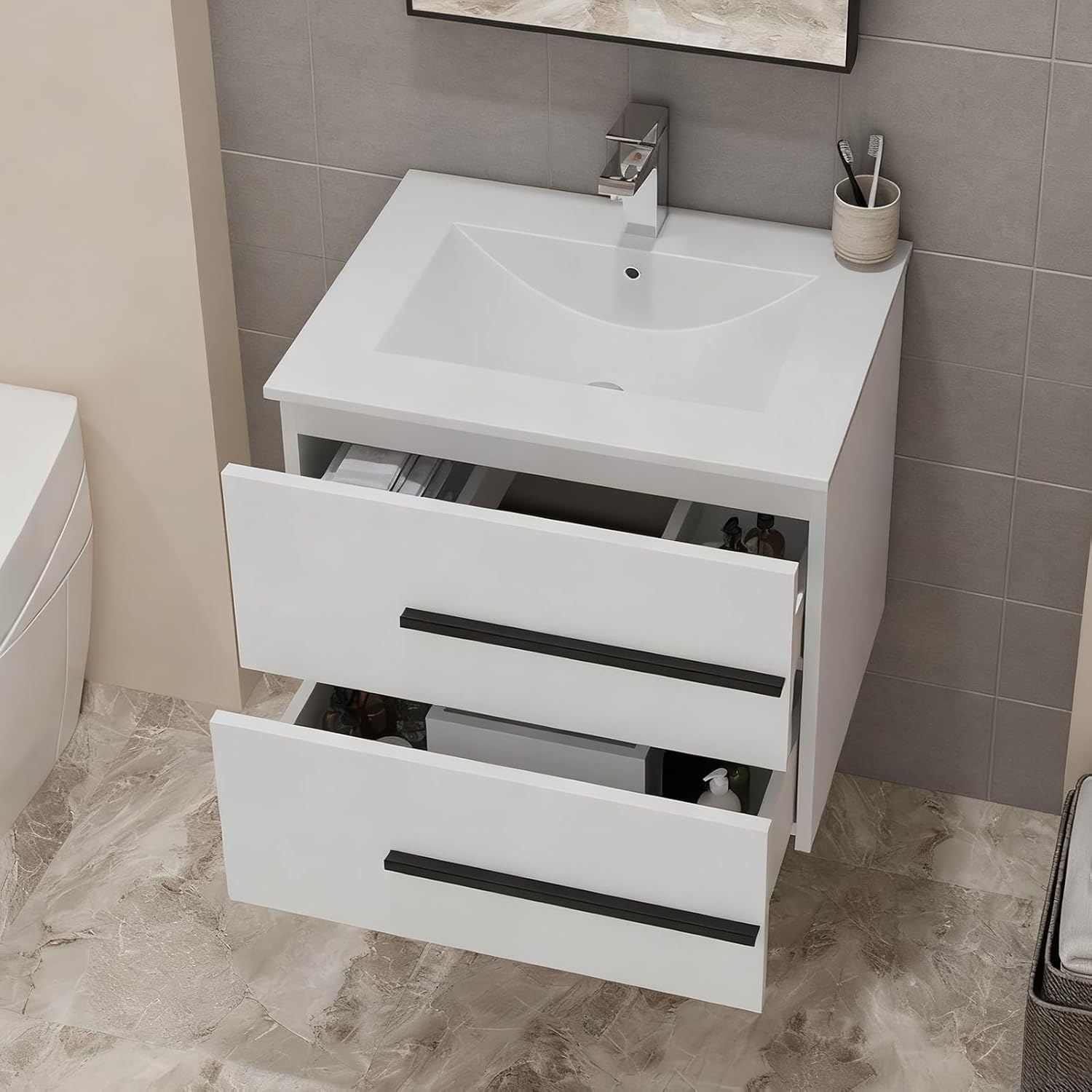 24 inch Floating Bathroom Vanity with Sink, Space Saving Fluted Design for Small Bathrooms, Drawers & Black Handles White