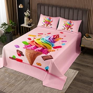 Homewish Rainbow Ice Cream Bedspread Queen Size,Colorful Candy Bedding Sets 3Pcs for Kids Boys Girls Teens Room Decor,Chocolate Sweet Food Comforter Set Lovely Pink Quilt Coverlets,2 Pillowcases
