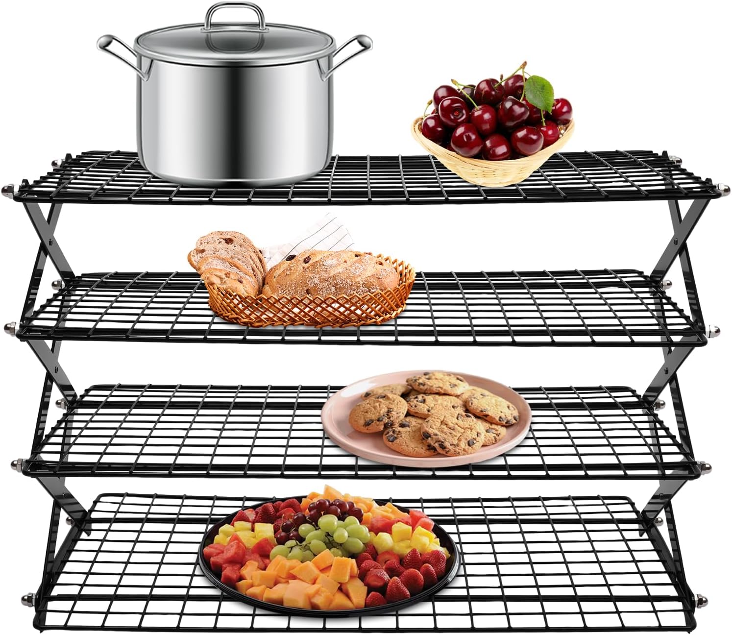 4 Tier Collapsible Cooling Rack, Baking Cookie Rack Stackable Cooling Bakeware, Bakeware Barbecue Storage Display Shelf for Picnic Party