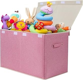 Large Toy Box Chest Storage with Flip-Top Lid, Collapsible Kids Toy Storage Bin Boxes Container for Boys, Girls, Nursery, Playroom, 25"x13" x16" (Linen Pink)