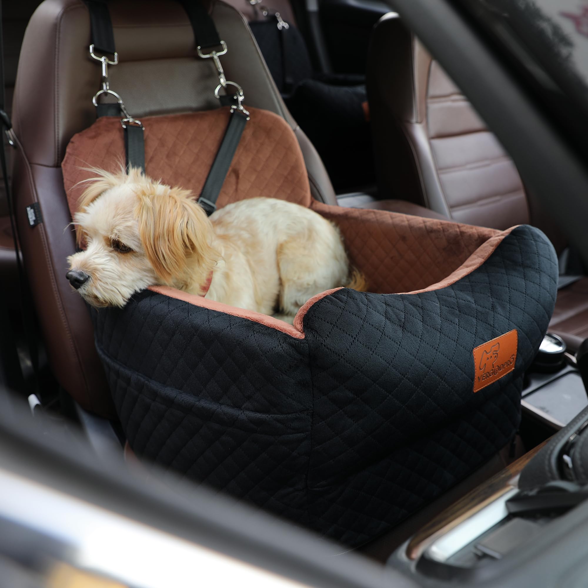 Dog Car Seat for Small Medium Dogs,Portable Pet Booster Seat with Safety Strap & Removable Washable Pad,Memory Foam Dog Travel Bed for Car,SOFE Velvet for Puppies Cats（M-Black/Brown） - image 7