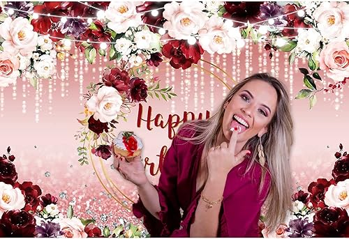 Miniatura 3 de Sensfun Telón de fondo floral de feliz cumpleaños, flores burdeos, oro rosa, purpurina Bokeh, fondo de fotos, fondo de vinilo para fiesta de