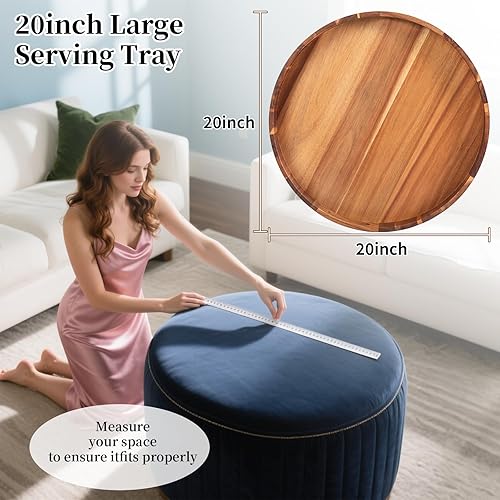 Miniatura 6 de Bandeja redonda de madera con asas, bandejas de madera de gran diámetro de 20 pulgadas para otomana, bandeja circular de madera de acacia rústica