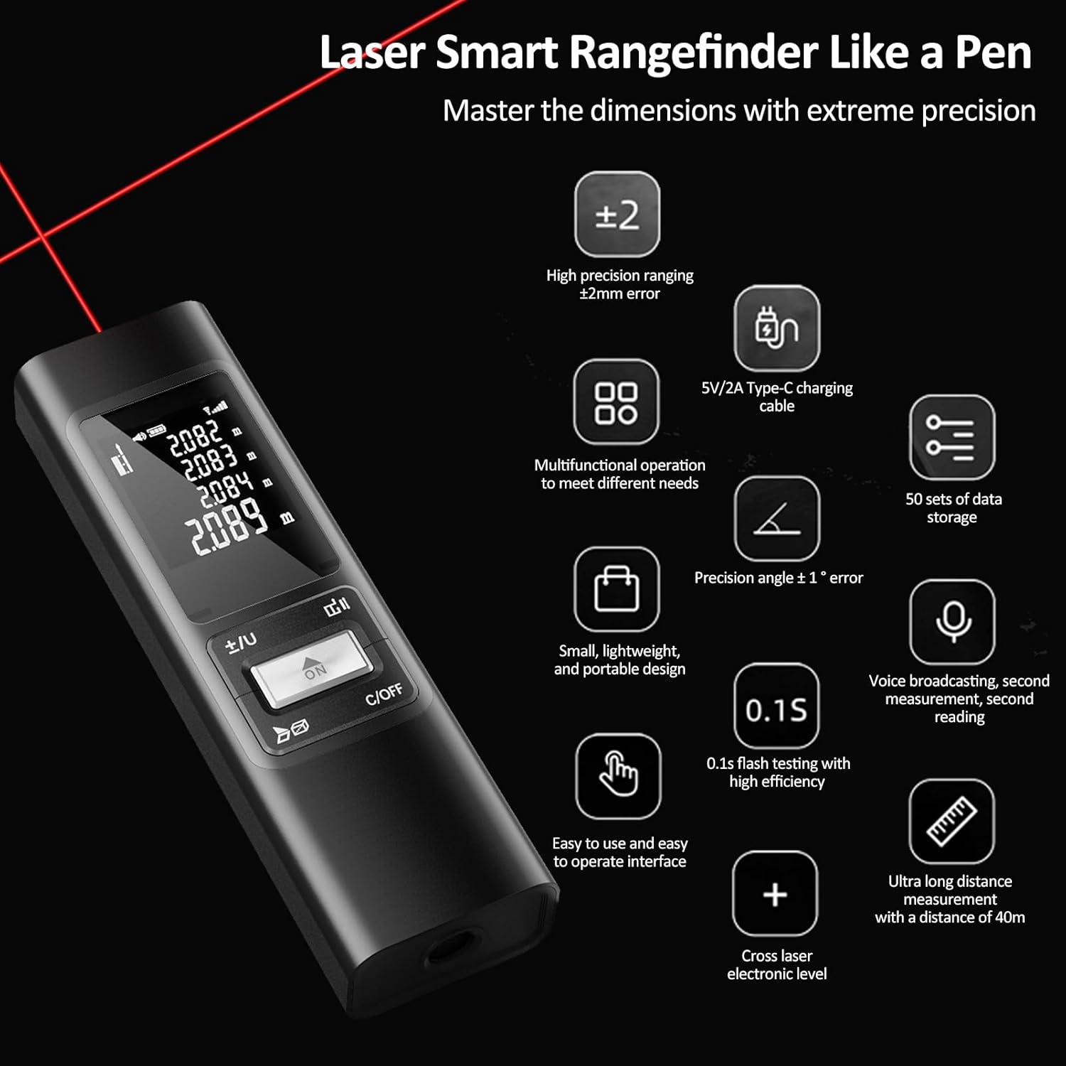 Handheld Rangefinder and Mini Distance Meter with Self Calibration, Plus or Minus 2 mm Accuracy, 500 mAh Rechargeable Battery, Type C Charging for Construction and Interior Design
