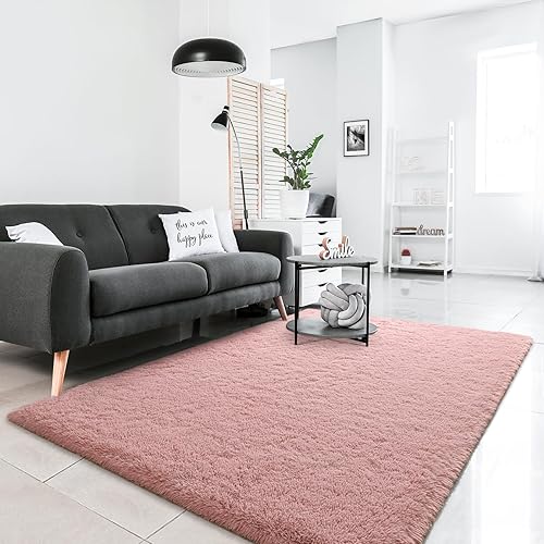 Miniatura 4 de Alfombras de área para sala de estar, alfombra mullida súper suave para dormitorio, alfombra peluda color rubor de 4 x 5.9, alfombra de felpa para