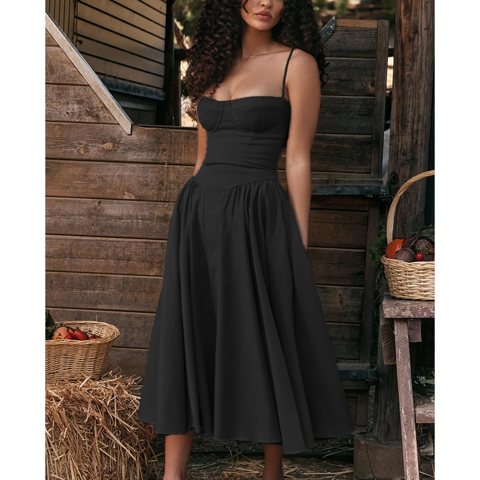 Vestito Donna Elegante Cerimonia Sexy Spaghetti Senza Maniche Scollo Quadrato Abito Estivo Lungo Abiti con Tasche Vita Alta Linea A Swing Midi Vestito da Mare Bohemian Vacanze per Il Tempo Libero