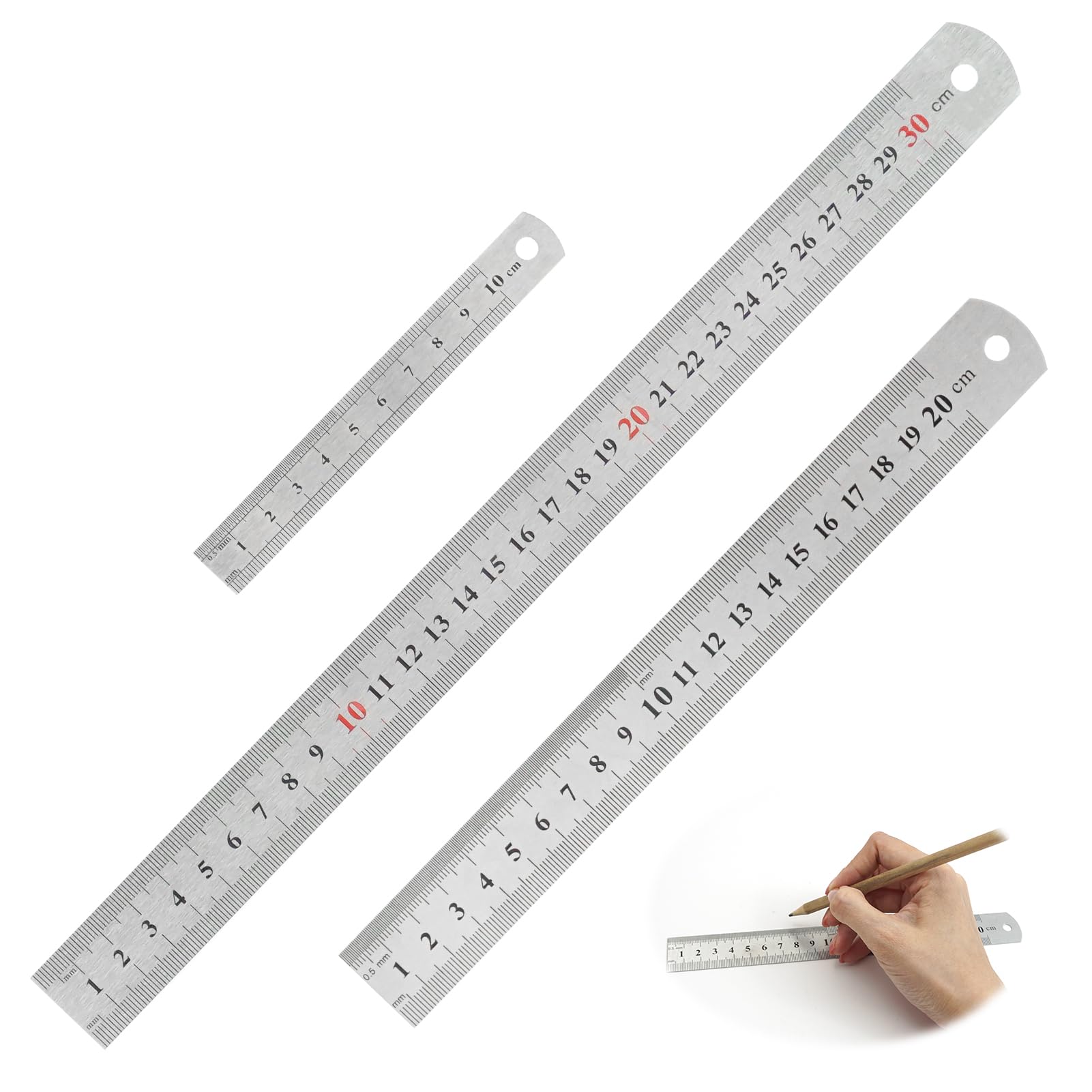 Set of 3 Stainless Steel Rulers, 10 cm, 20 cm, 30 cm, Rulers with Double Scale Metric and Imperial, Metal Ruler for Engineering, School, Office and Design, Precision Measuring Tool